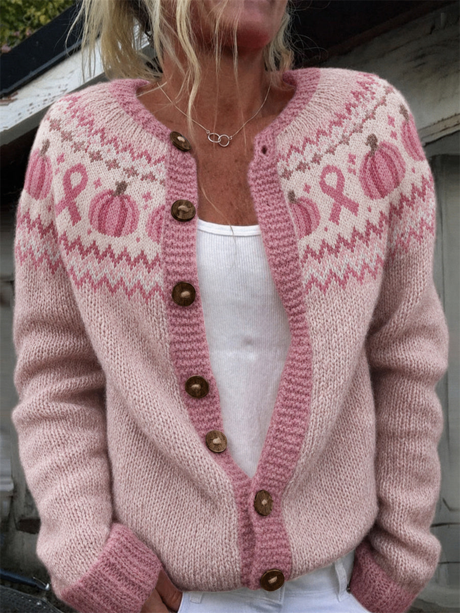 Cardigan rose vintage imprimé citrouilles et empiècement de ruban rose pour femme