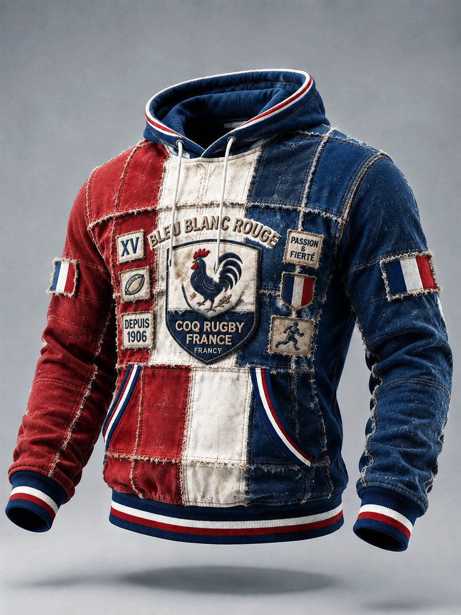 Sweat-shirt à capuche décontracté pour homme, style vintage, motif patchwork automnal au coq français