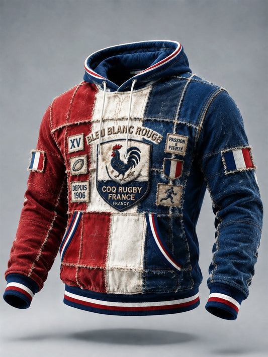Sweat-shirt à capuche décontracté pour homme, style vintage, motif patchwork automnal au coq français