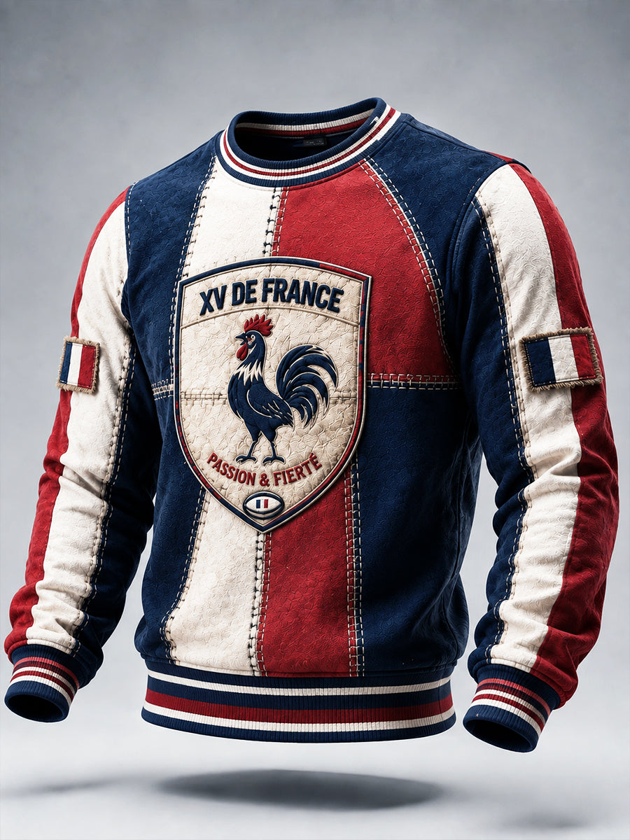 Sweat à capuche vintage pour homme, motif patchwork automnal avec coq français