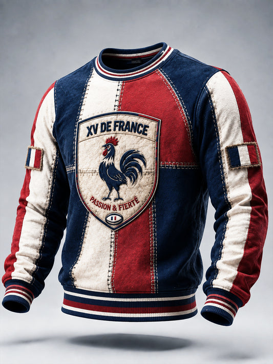 Sweat à capuche vintage pour homme, motif patchwork automnal avec coq français