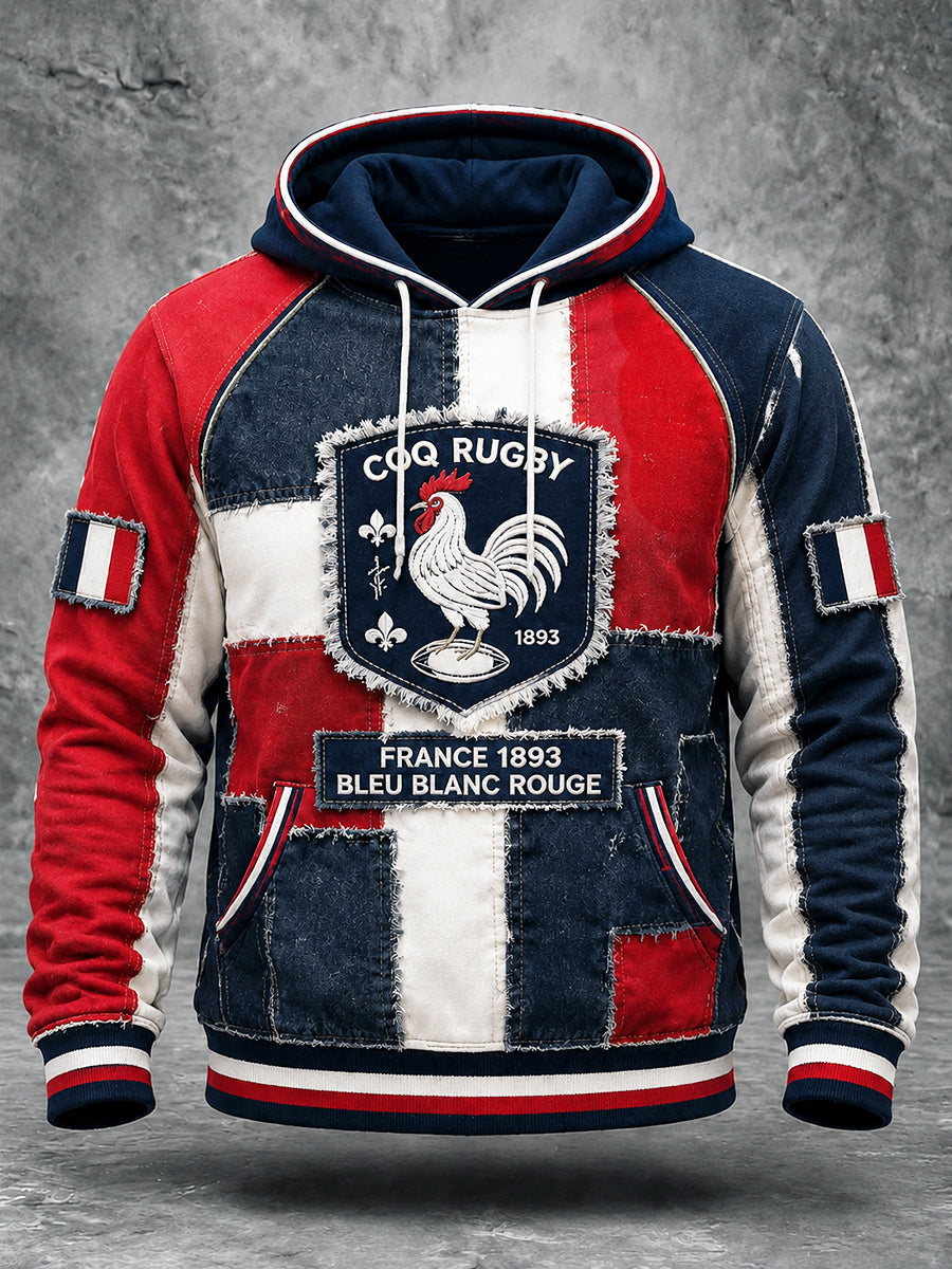 Sweat à capuche pour homme, motif automnal de coq français, imprimé rugby