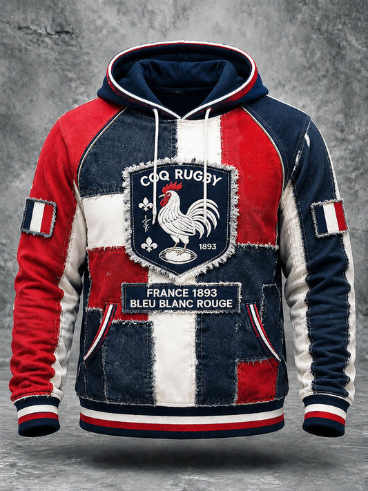 Sweat à capuche pour homme, motif automnal de coq français, imprimé rugby