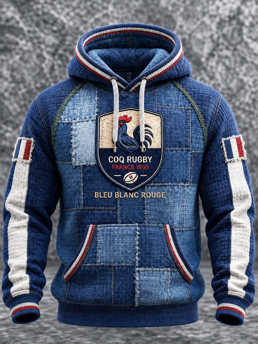 Sweat-shirt à capuche décontracté pour homme, motif patchwork automnal avec coq français