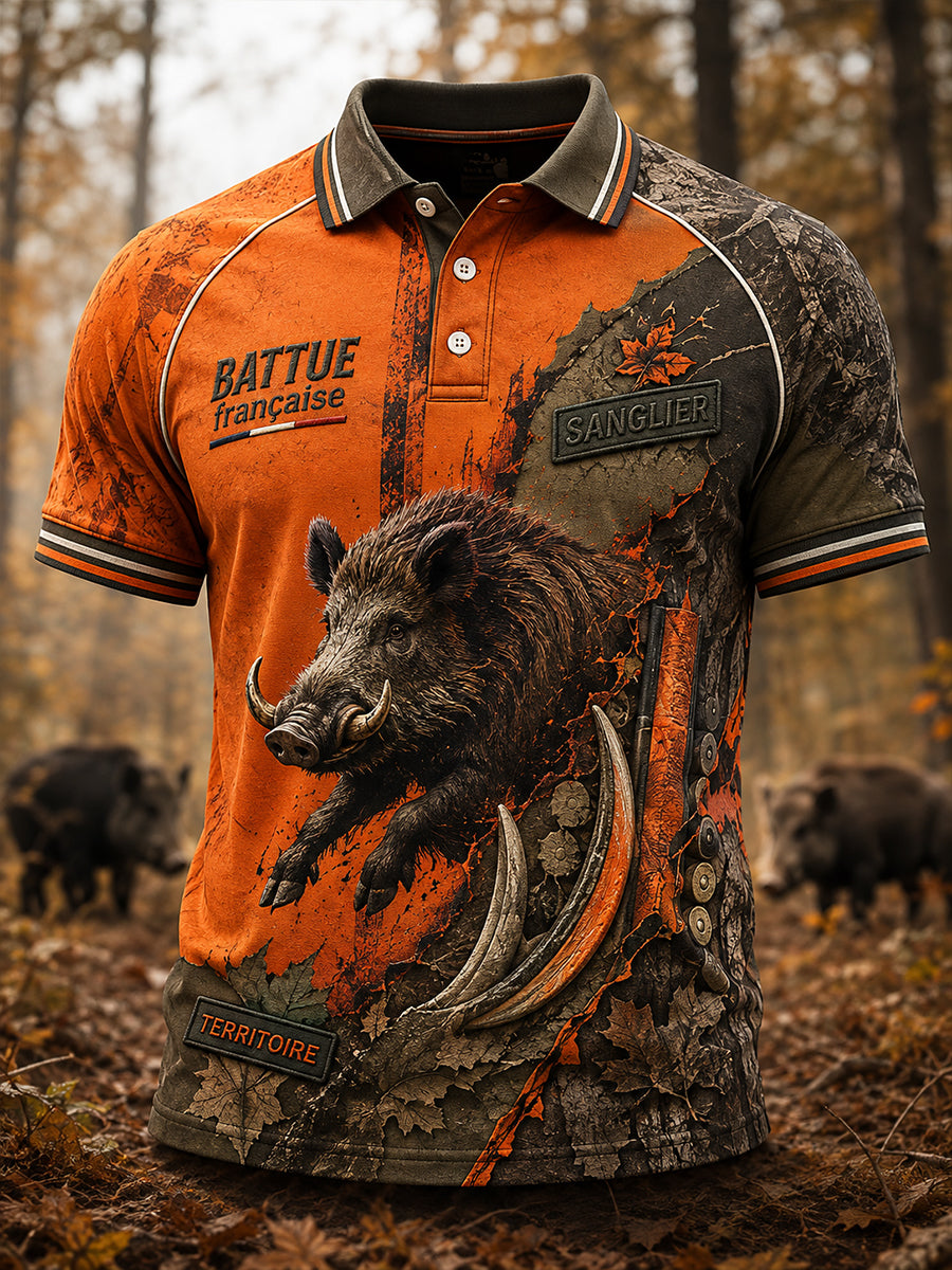 Polo imprimé artistique pour la saison de chasse française, modèle homme