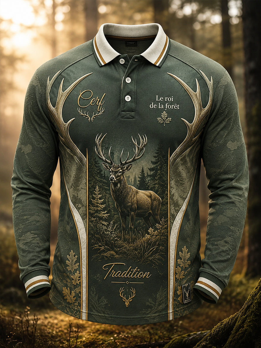 T-shirt manches longues en gaufre à motif artistique pour la saison de chasse française, modèle homme