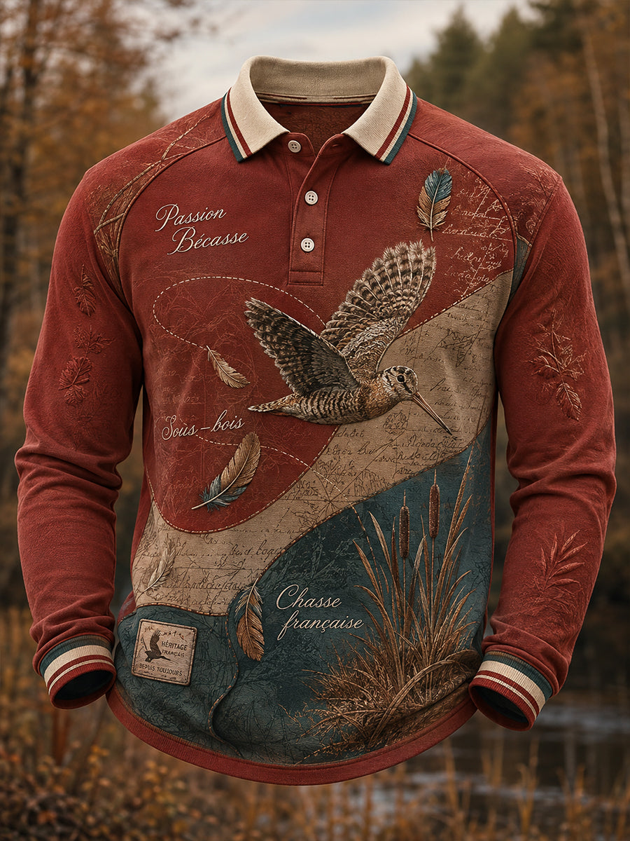 T-shirt manches longues en gaufre à motif artistique pour la saison de chasse française, modèle homme