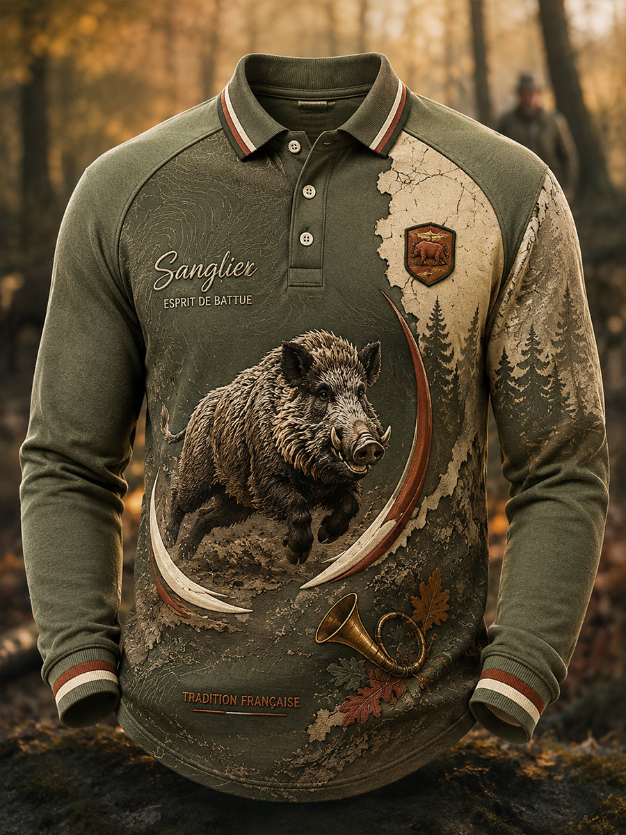 T-shirt manches longues en gaufre à motif artistique pour la saison de chasse française, modèle homme