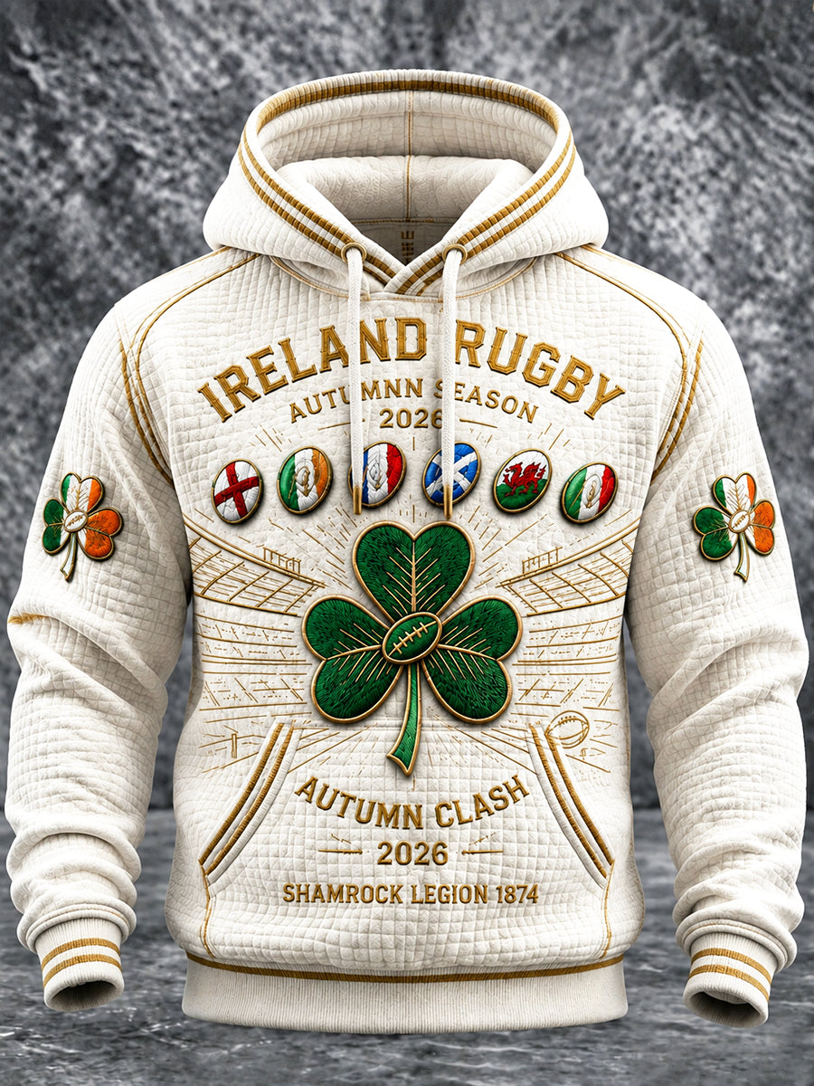 Men’s Off-White Irish Autumn Rugby Patchwork Print Casual Hooded Sweatshirt