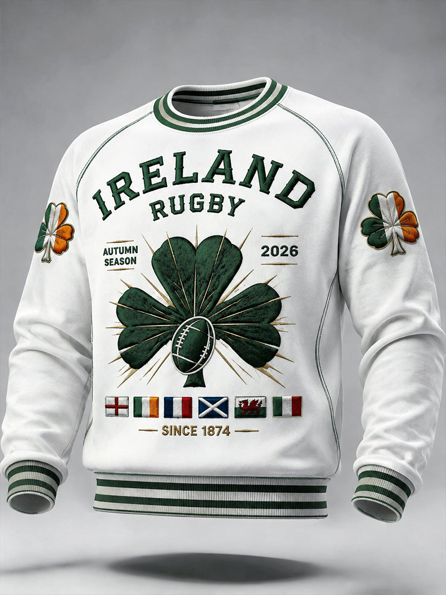 Men’s White Irish Autumn Rugby Patchwork Print Casual Sweatshirt