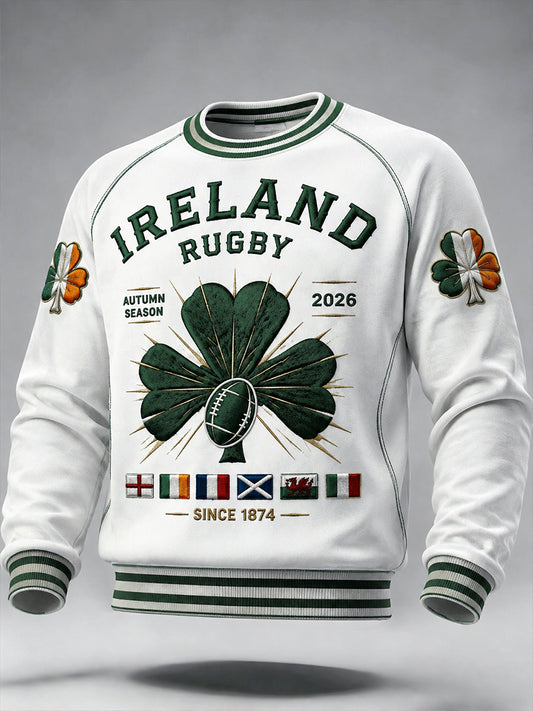 Men’s White Irish Autumn Rugby Patchwork Print Casual Sweatshirt