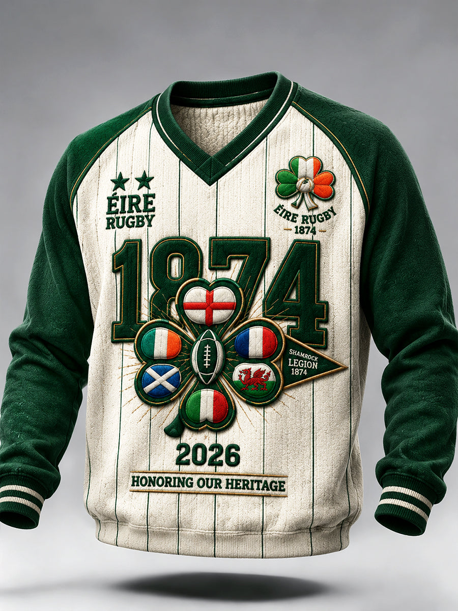 Men’s Irish Autumn Rugby Patchwork Print Casual V-neck Sweatshirt