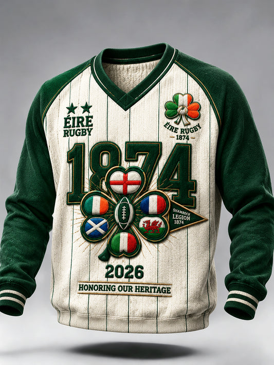 Men’s Irish Autumn Rugby Patchwork Print Casual V-neck Sweatshirt