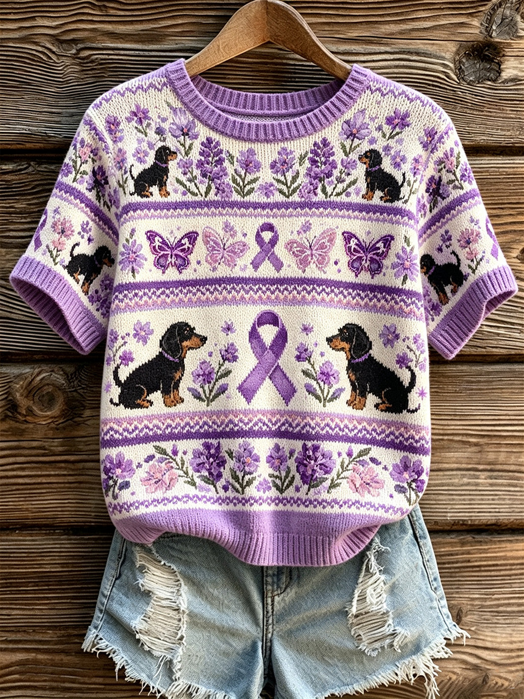 Joli haut tricoté à manches courtes et décontracté pour femme, orné d’un motif de chien avec un ruban de la solidarité violet