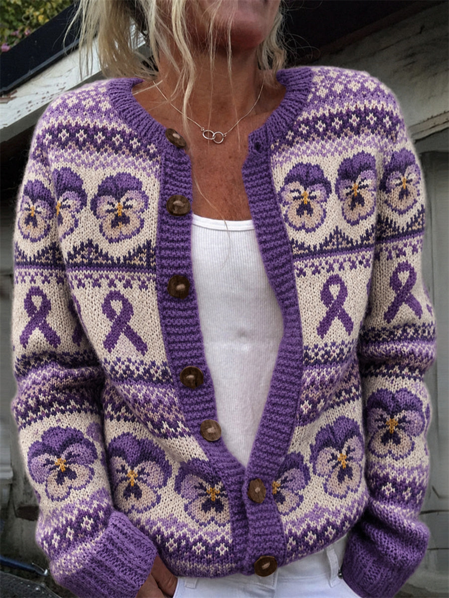 Cardigan vintage pour femme, motif imprimé avec des fleurs de pensée et un ruban violet