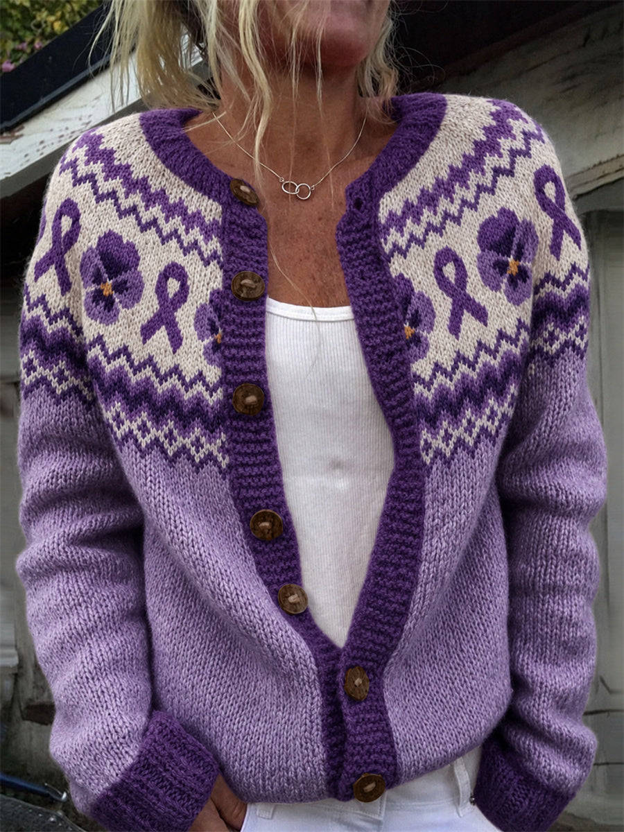 Femmes Vintage Pansy Fleurs Violet Ruban Empiècement Isle Motif Imprimer Cardigan