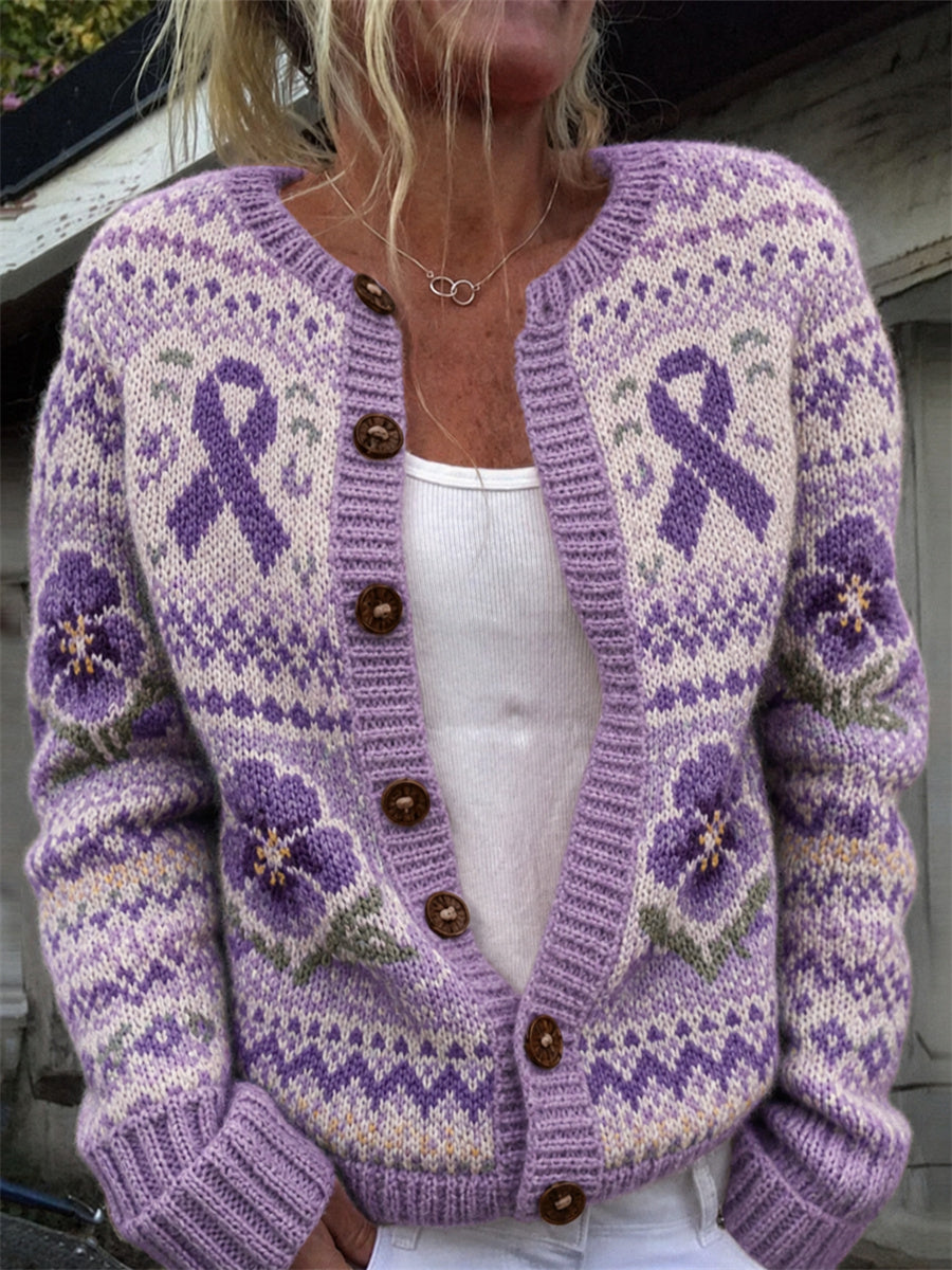 Cardigan vintage pour femme, motif imprimé avec des fleurs de pensée et un ruban violet