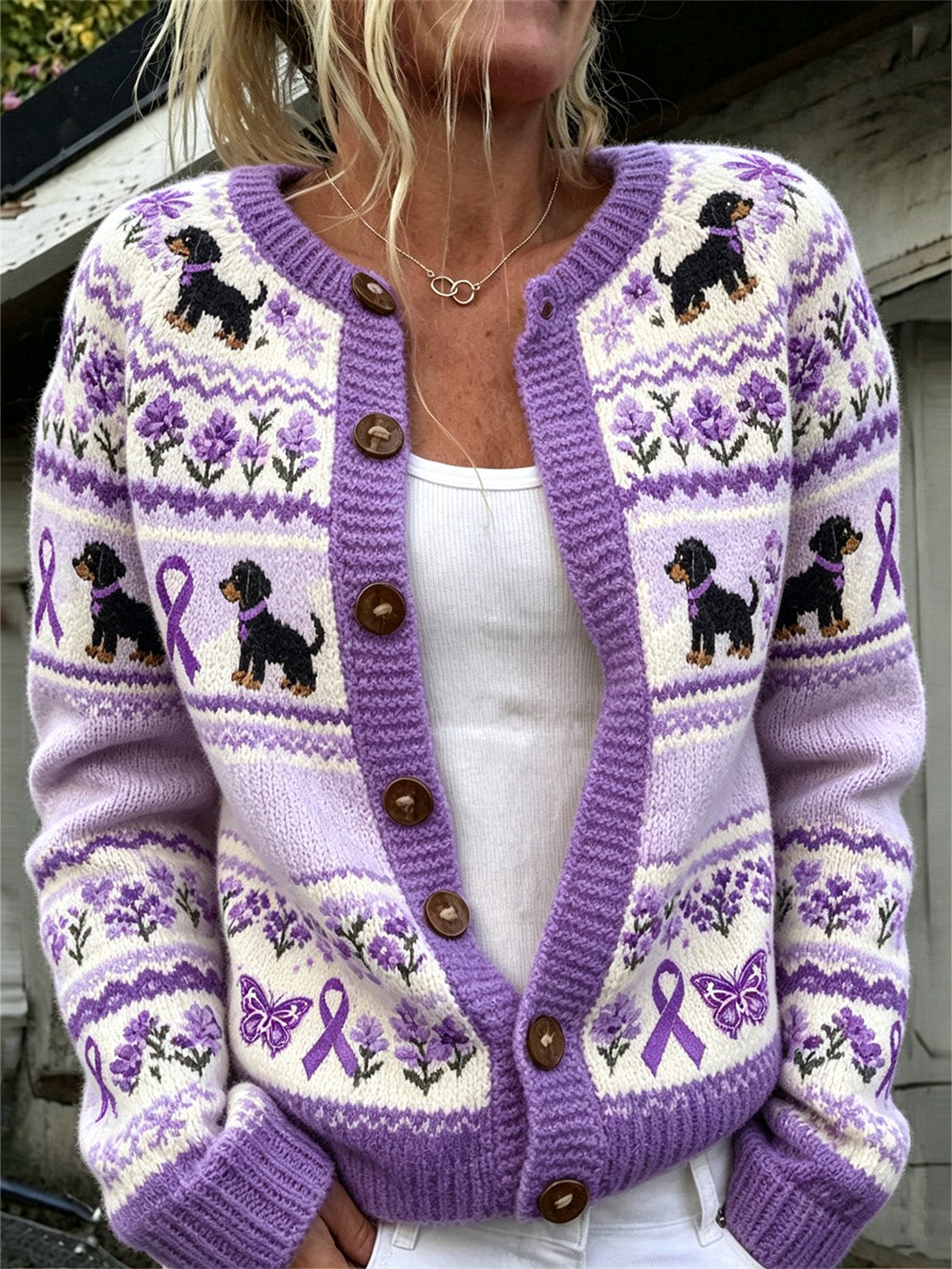 Le chien mignon des femmes avec le cardigan occasionnel imprimé pourpre de