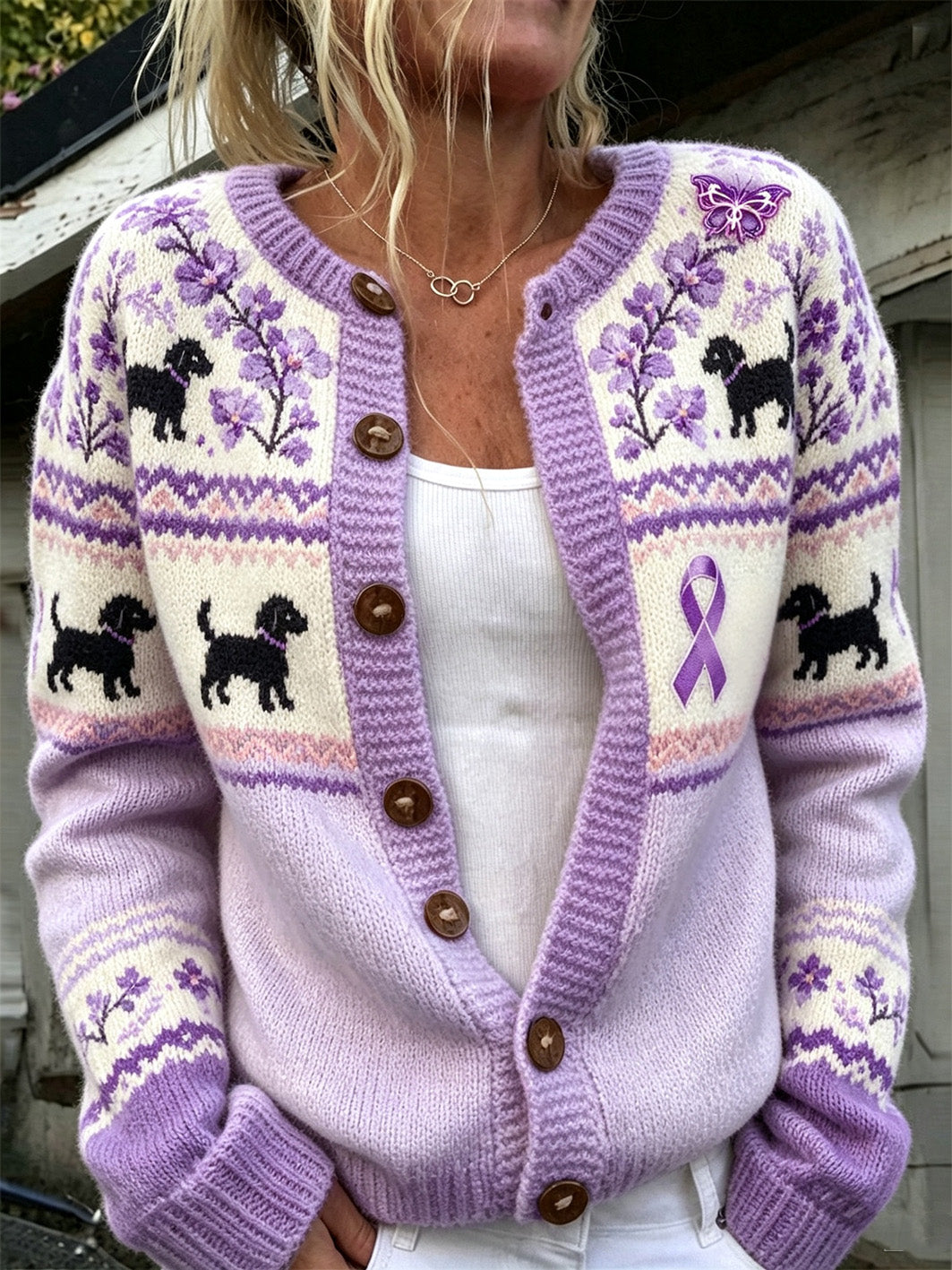 Cardigan décontracté pour femme orné d’un mignon chien et d’un motif de ruban violet de la solidarité