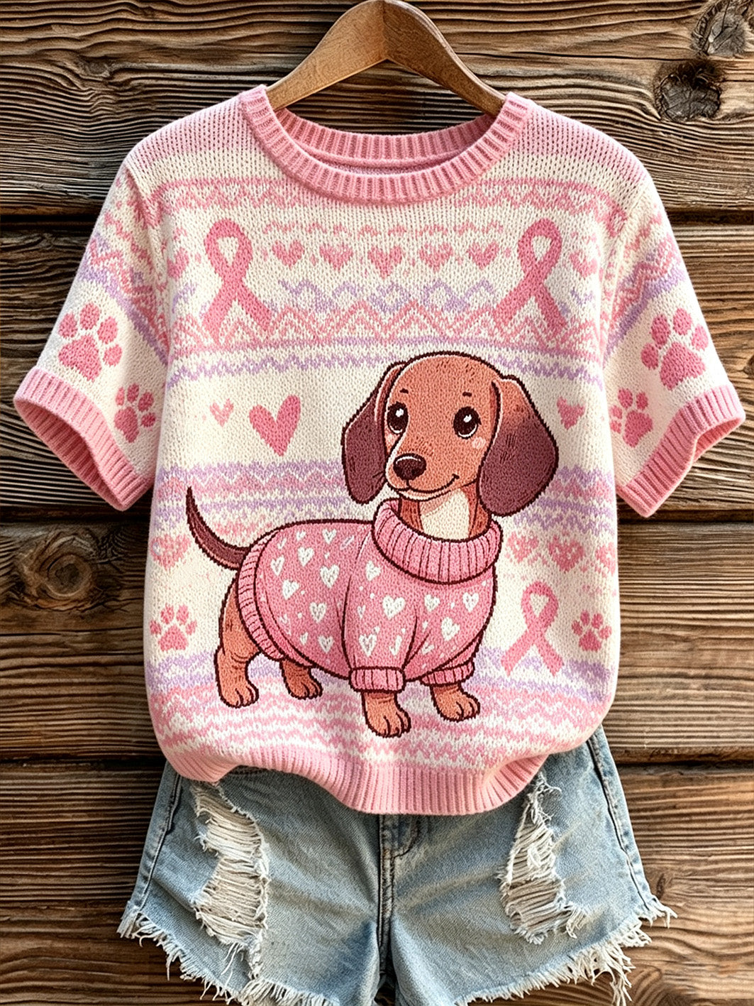Femmes mignon chien et rose motif de ruban de charité imprimé décontracté à manches courtes Top