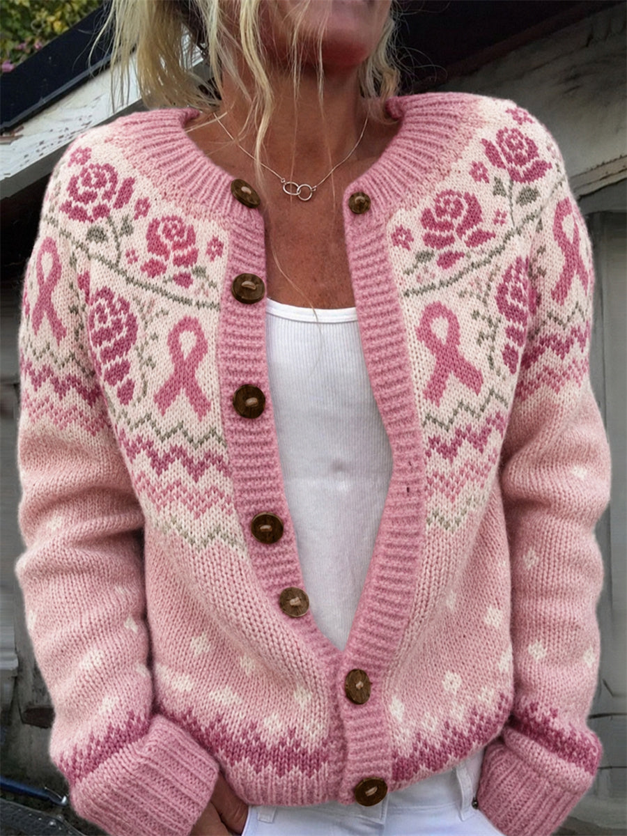 Cardigan pour femme au motif vintage avec roses roses et ruban du cancer du sein