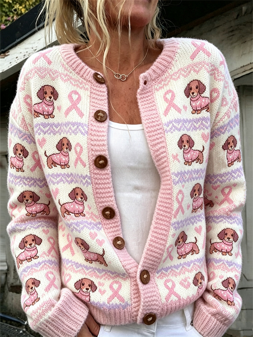 Le chien mignon des femmes et le cardigan occasionnel imprimé par motif rose de ruban de charité