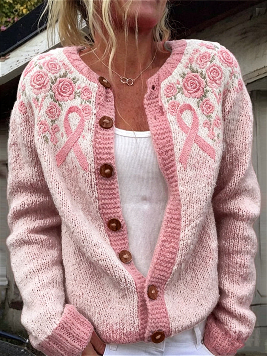Cardigan pour femme au motif vintage avec roses roses et ruban du cancer du sein