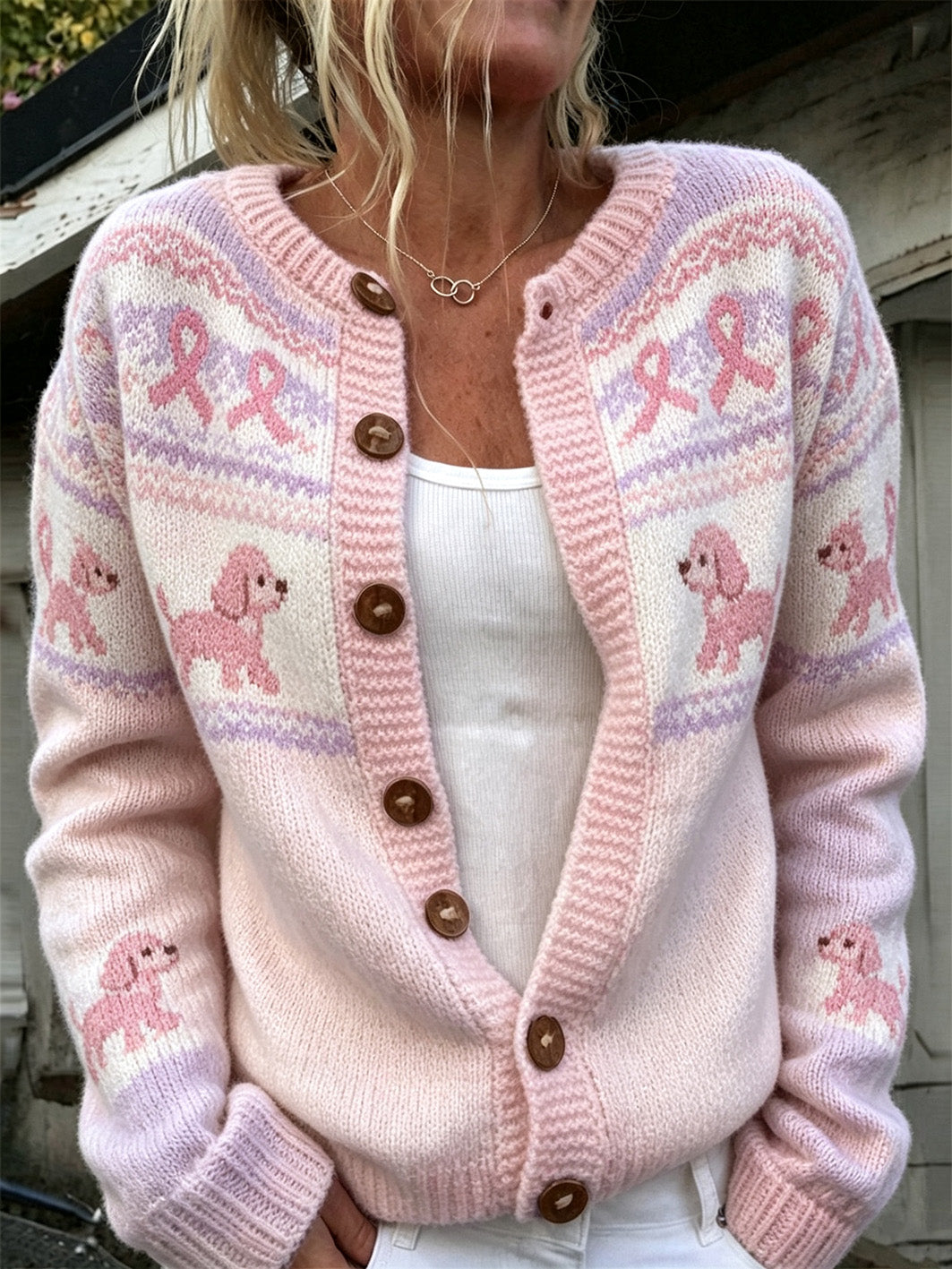 Cardigan décontracté pour femme, imprimé d’un chien mignon et d’un ruban rose de la sensibilisation