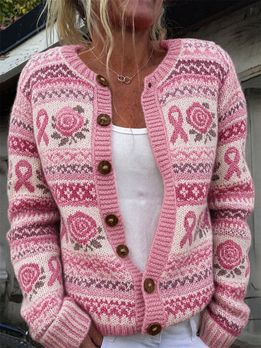 Cardigan pour femme au motif vintage avec roses roses et ruban du cancer du sein