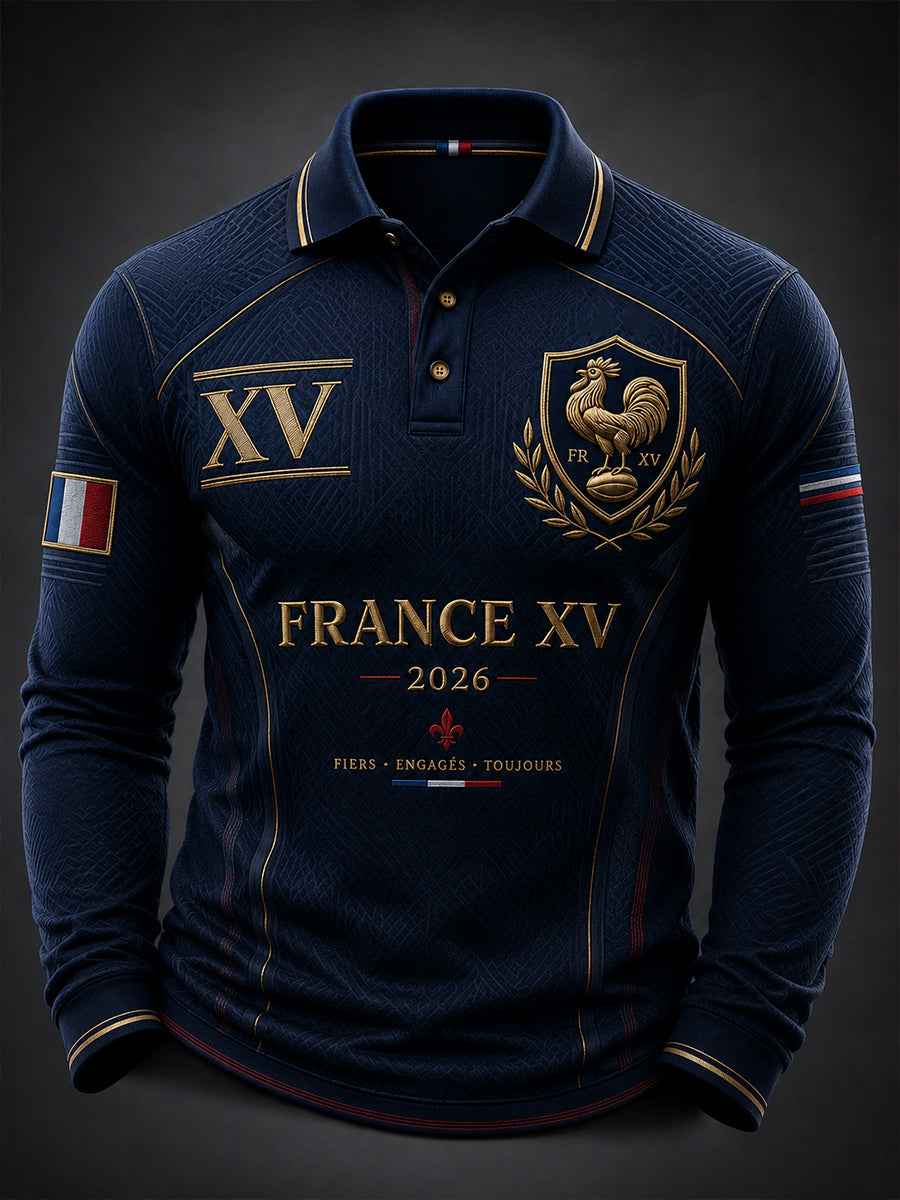 T-shirt manches longues en coton waffle pour homme, style rugby français