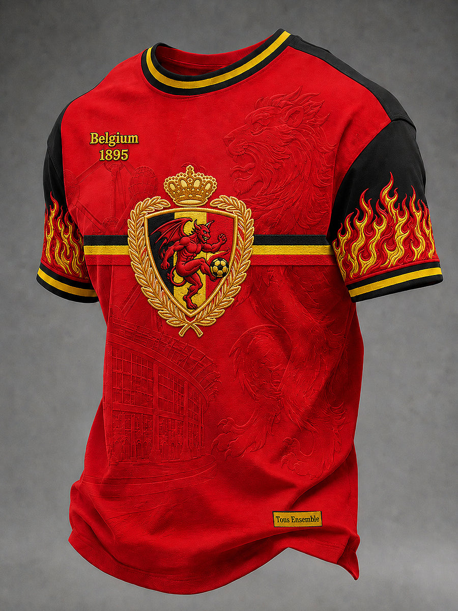 T-shirt homme à manches courtes, ample, à la mode vintage, imprimé football belge