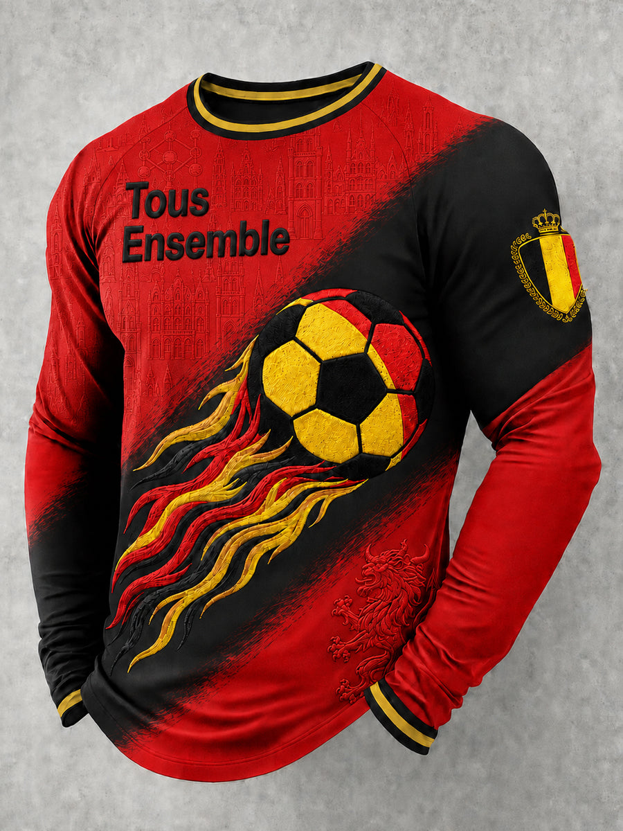 T-shirt homme à manches longues et col rond, imprimé football belge