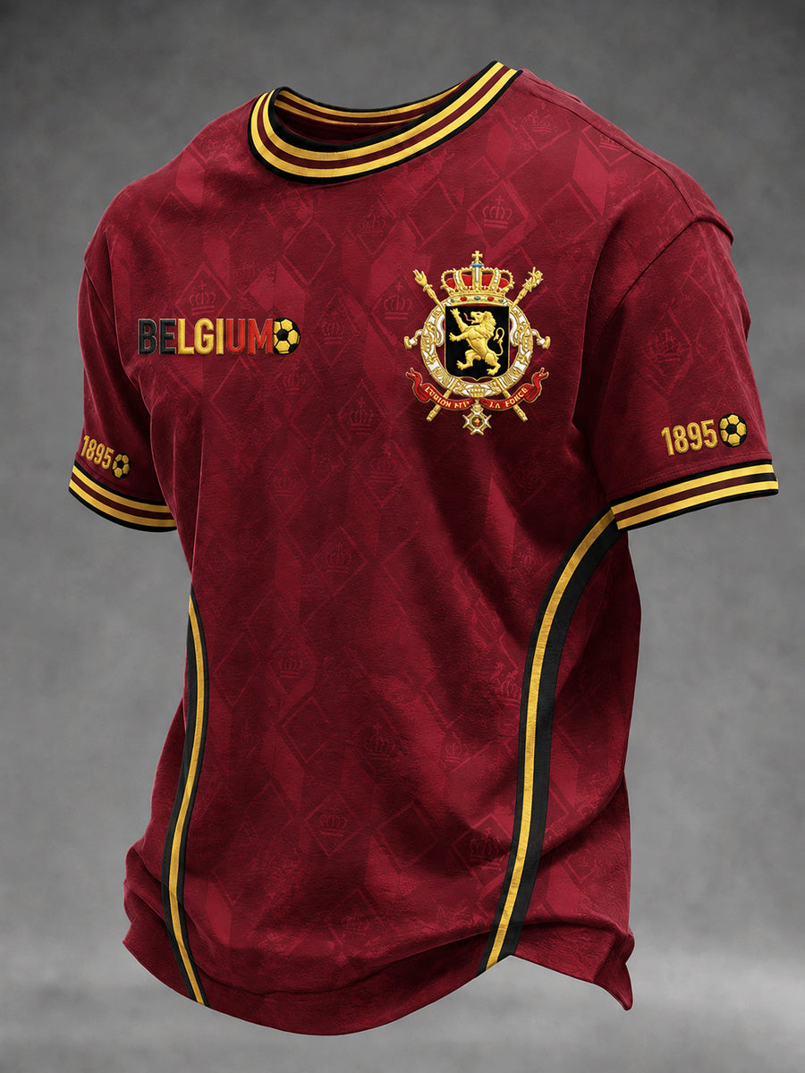 T-shirt homme à manches courtes, ample, à la mode vintage, imprimé football belge