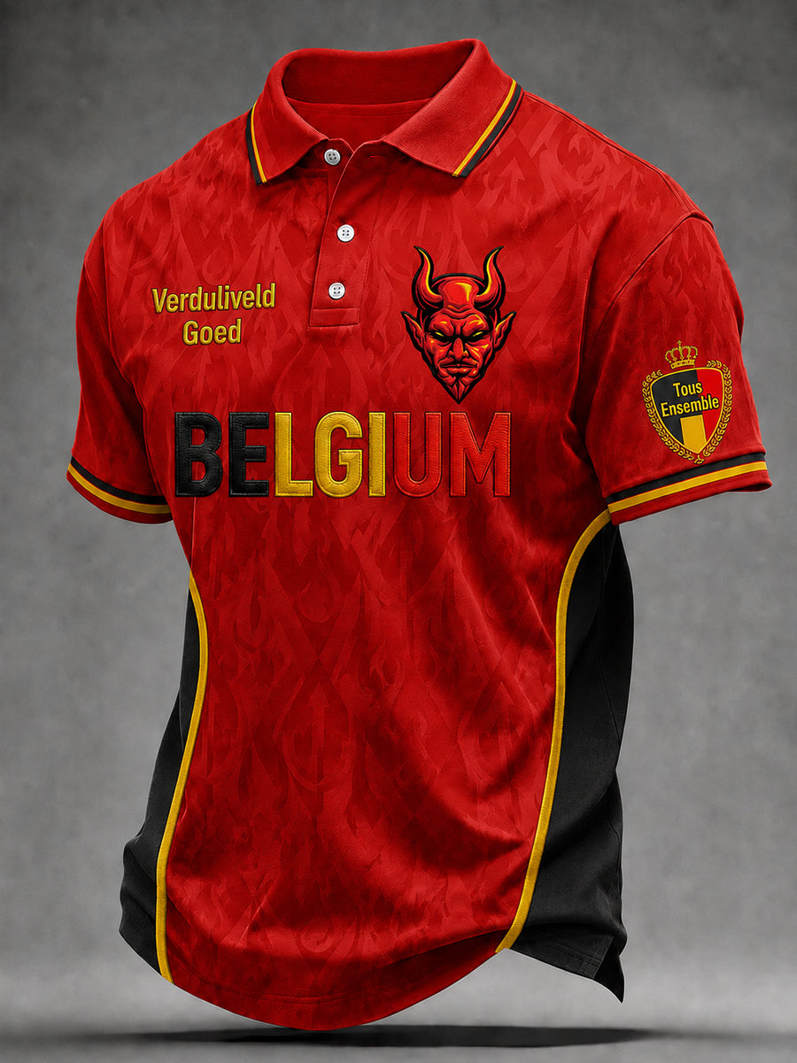 Polo homme à col polo et imprimé football belge, manches courtes décontracté