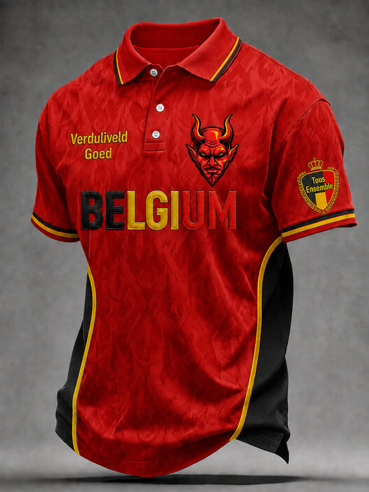 Polo homme à col polo et imprimé football belge, manches courtes décontracté