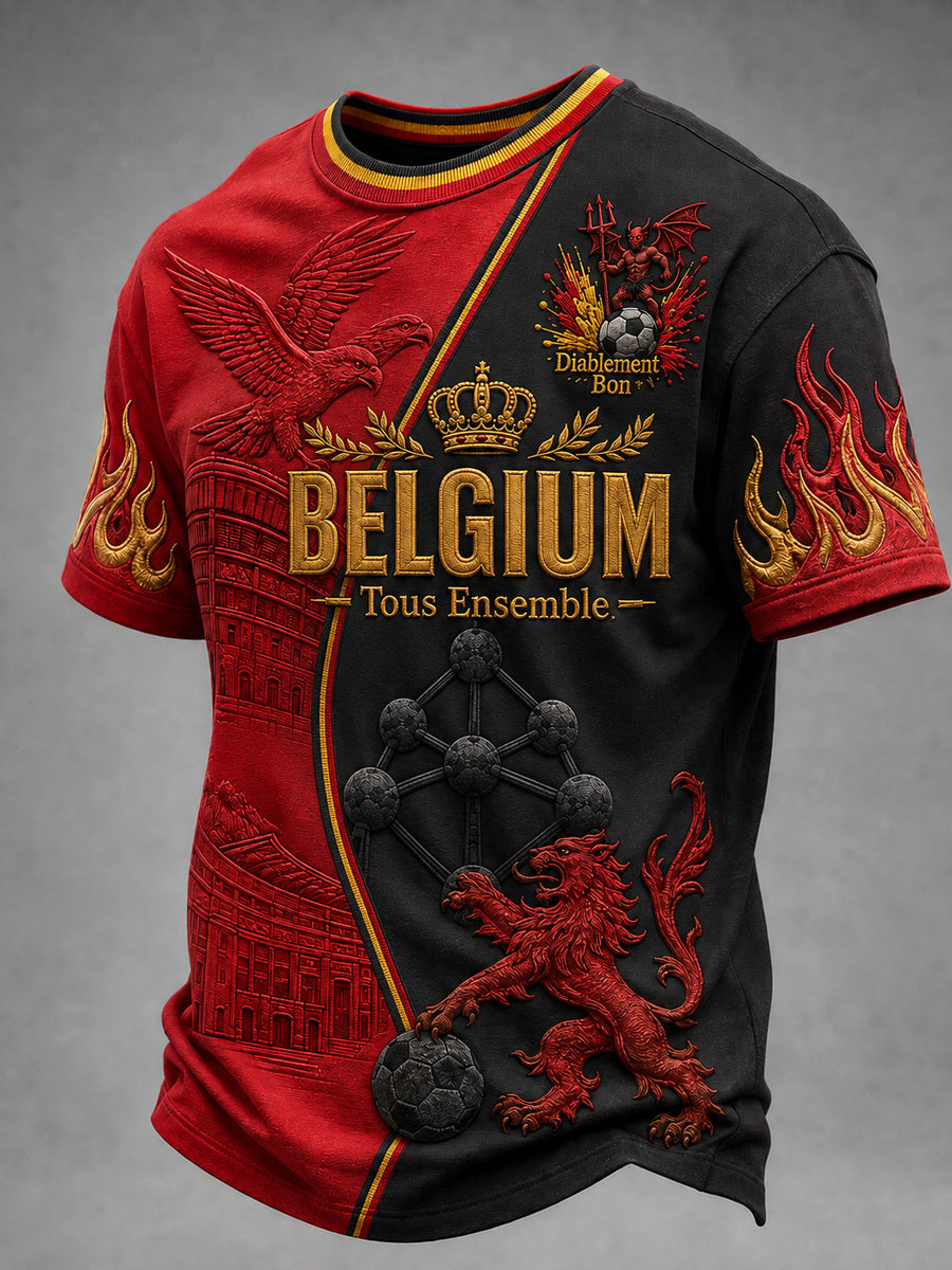 T-shirt homme à manches courtes, ample, à la mode vintage, imprimé football belge