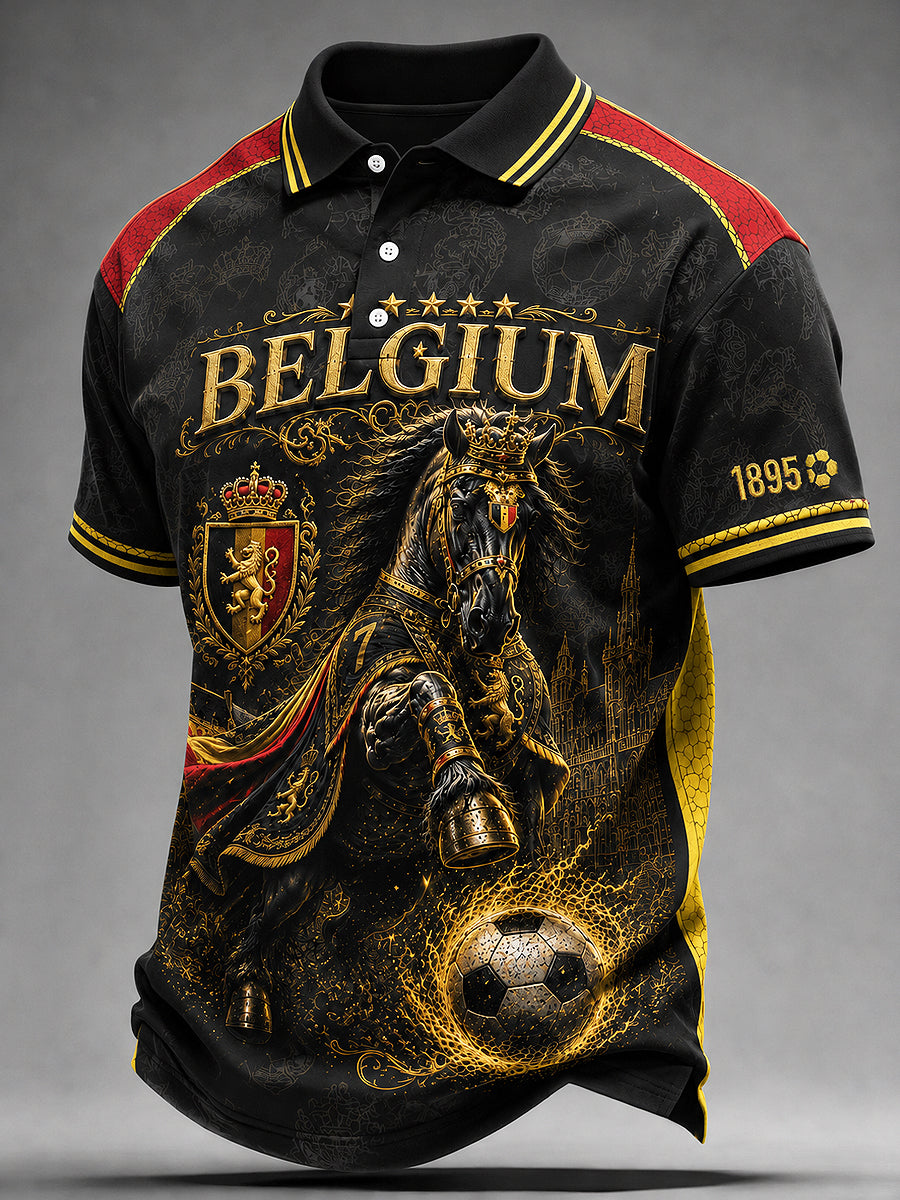 Polo homme à col polo et imprimé football belge, manches courtes décontracté