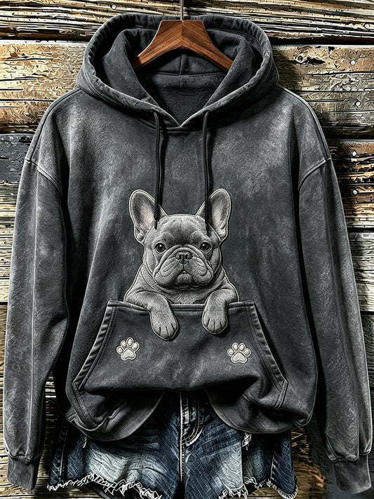 Sweat à capuche confortable pour femmes, mignon et français Bulldog & Paws Print