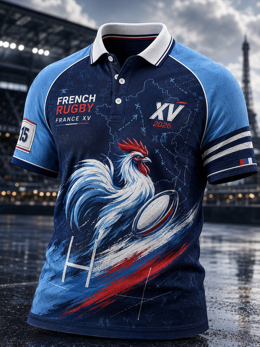 Polo imprimé artistique de rugby français pour homme