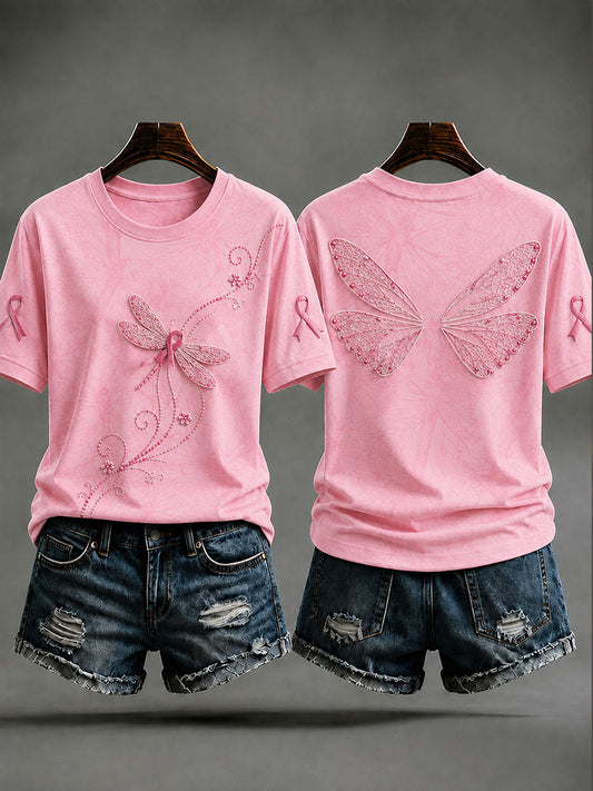 T-shirt Dragonfly Print Prévention du cancer du sein pour femmes