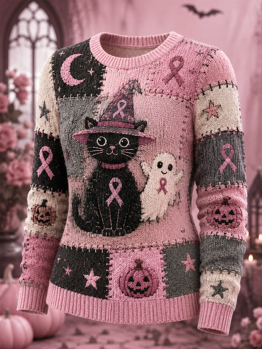Femmes Halloween Rose Fantôme Et Chat Rose Ruban Imprimer Le Cancer Du Sein Sensibilisation Soutien Pull