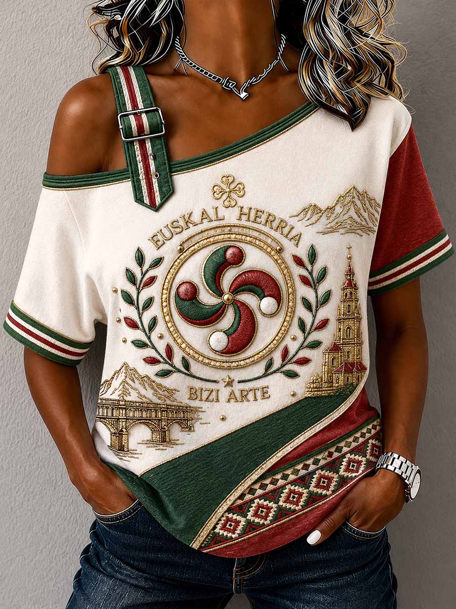 T-shirt vintage pour femme à motif traditionnel basque imprimé