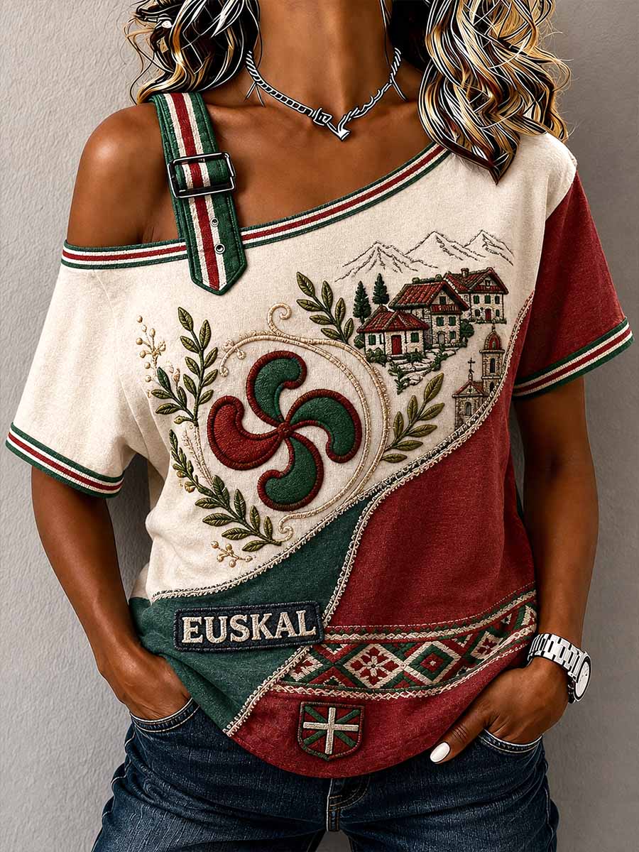 T-shirt imprimé vintage à motif basque traditionnel pour femme