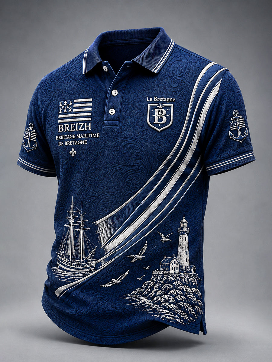 Polo professionnel décontracté pour homme, bleu marine, motif nautique breton français
