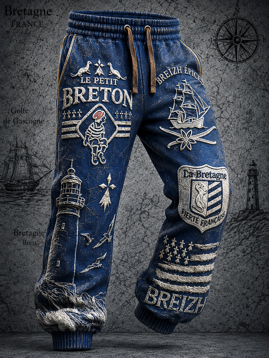Pantalons décontractés pour homme, bleu marine, à imprimé marin de style marinière