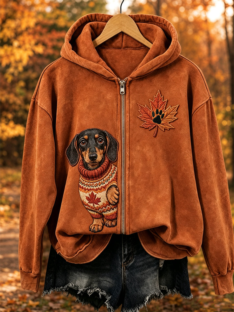 Femmes Automne Cozy Peeking Teckel Chien & Feuille Imprimer Full Zip Hoodie