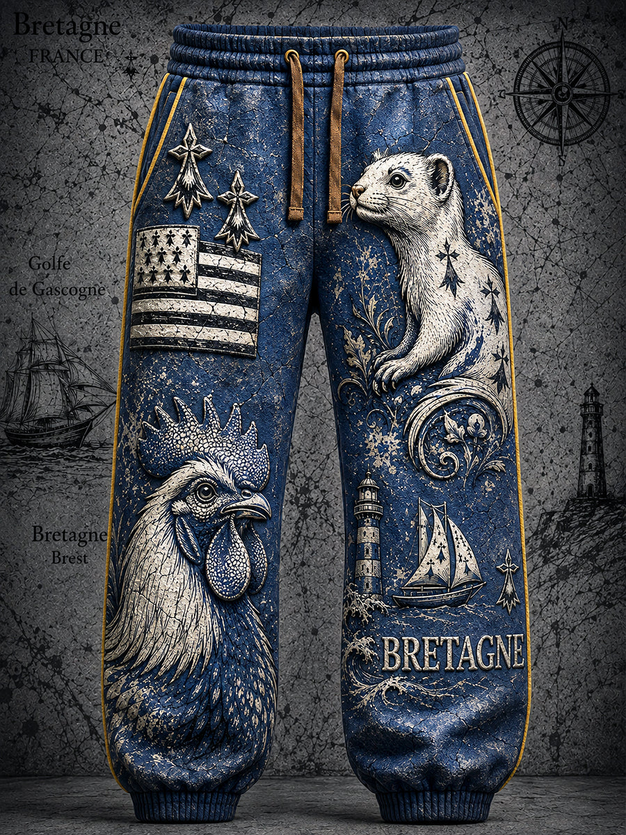 Pantalon décontracté pour homme, style vintage, bleu foncé, imprimé marin breton français