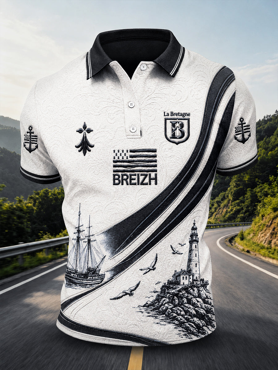 Polo homme de style nautique, imprimé Bretagne, décontracté et professionnel