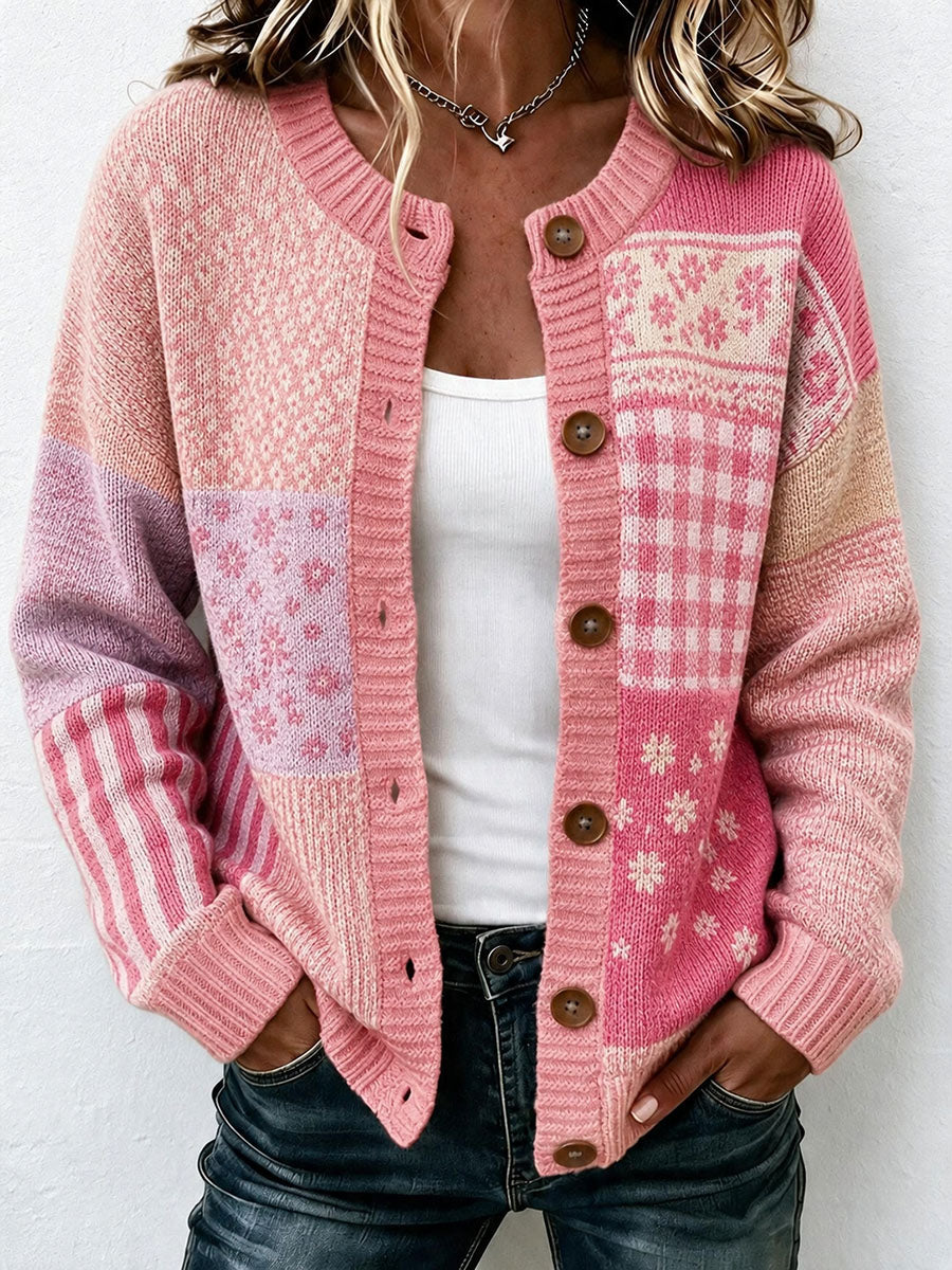 Cardigan tricoté vintage à motif floral pour femme