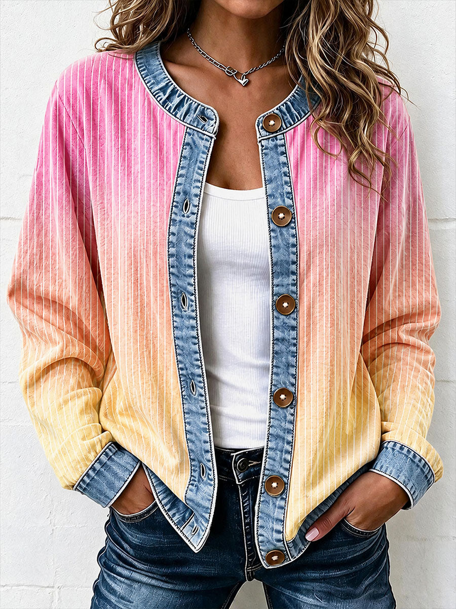 Cardigan en jean à motifs rayés et patchwork pour femme